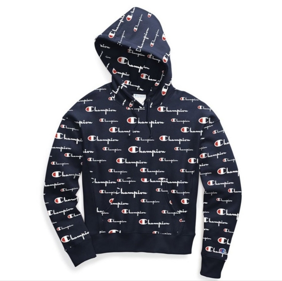 Champion Reverse Weave All Over Logo Print Pullover Hoodie Sweatshirt Size S - Picture 2 of 8